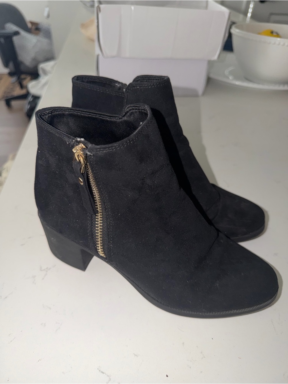 Black Suede Ankle Booties with Side Zip